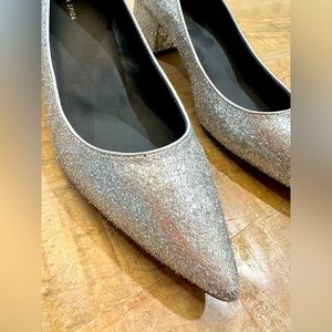 Via Spiga Guervie sliver glitter textured block heel pump shoes